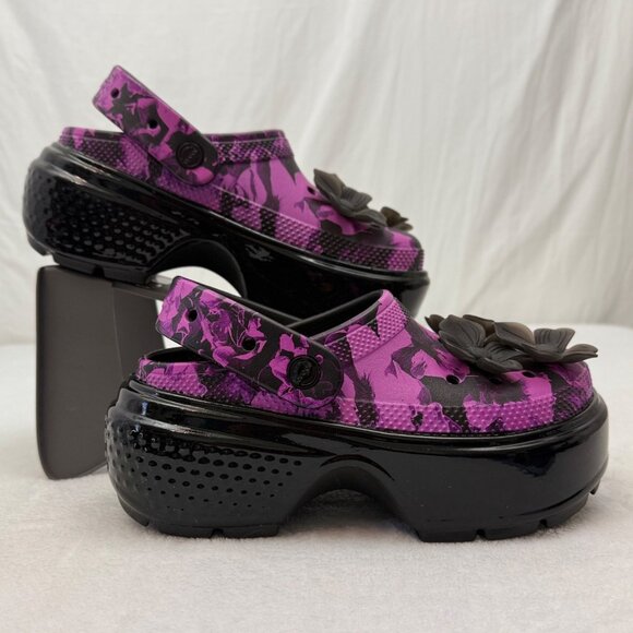 Crocs Platform Sandals Floral Print Purple Black w/Flower Croc Charms - Picture 3 of 10